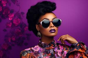 Ai generated  Studio portrait of a beautiful black skin african woman in sunglasses on different colours background photo