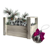 silver christmas balls in a wooden box with fir branches png