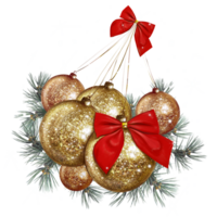 dorado brillante Navidad pelotas con rojo arcos con abeto ramas png