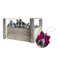 silver christmas balls in a wooden box illustration png