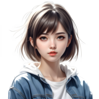 anime niña corto cabello, vistiendo kawaii camisa y vaqueros, casual ropa estilo, hiper realista, aislado en transparente antecedentes. ai generativo png