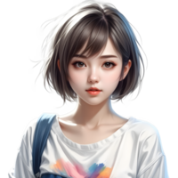 anime niña corto cabello, vistiendo kawaii camisa y vaqueros, casual ropa estilo, hiper realista, aislado en transparente antecedentes. ai generativo png