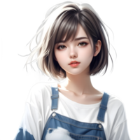 anime girl short hair, wearing kawaii shirt and jeans, casual clothing style, Hyper realistic, Isolated on transparent background. ai generative png