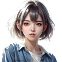 anime meisje kort haar, vervelend kawaii overhemd en jeans, gewoontjes kleding stijl, hyper realistisch, geïsoleerd Aan transparant achtergrond. ai generatief png