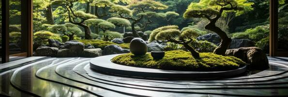 Zen garden design reflecting tranquility and harmony in its minimalism photo