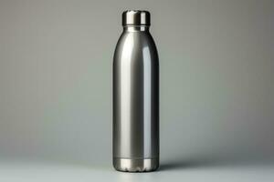 A reusable metal water bottle symbolizing sustainable travel isolated on a gray gradient background photo
