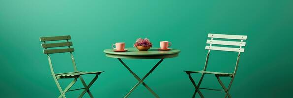 A simple garden chair and table set isolated on a green gradient background photo