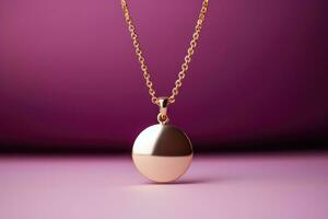 A delicate minimalist golden pendant necklace isolated on a pink gradient background photo