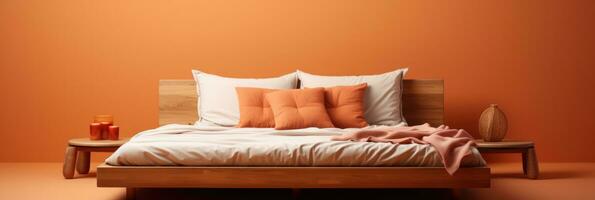 A clean minimalist wooden bed frame isolated on a brown gradient background photo