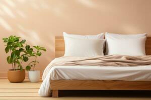 A clean minimalist wooden bed frame isolated on a brown gradient background photo