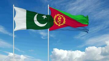 pakistan och eritrea flaggor vinka tillsammans i de himmel, sömlös slinga i vind, 3d tolkning video