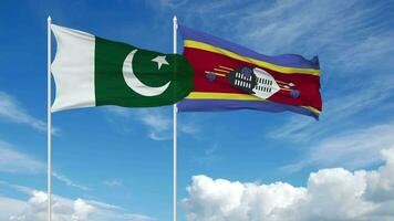 pakistan och eswatini flaggor vinka tillsammans i de himmel, sömlös slinga i vind, 3d tolkning video