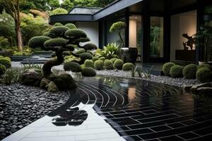 Zen garden design reflecting tranquility and harmony in its minimalism photo