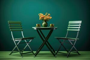 A simple garden chair and table set isolated on a green gradient background photo