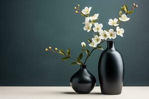 A minimalist black vase with a single white flower isolated on a gray gradient background photo
