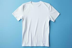 un pulcro blanco minimalista algodón t camisa aislado en un azul degradado antecedentes foto