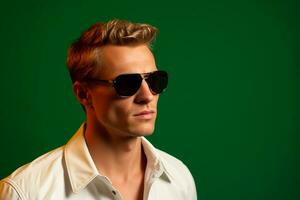 Ai generated Studio portrait of handsome blonde man in sunglasses on different colours background photo