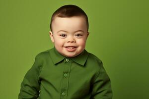 ai generado estudio retrato de linda pequeño chico con abajo síndrome en diferente colores antecedentes foto