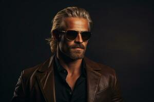 Ai generated Studio portrait of handsome blonde man in sunglasses on different colours background photo