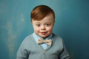 Ai generated Studio portrait of cute little boy with down syndrome on different colors background photo