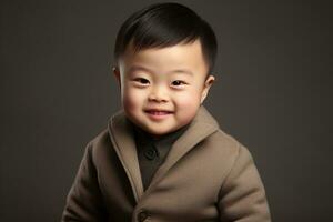 Ai generated Studio portrait of cute little boy with down syndrome on different colors background photo