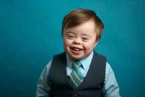 Ai generated Studio portrait of cute little boy with down syndrome on different colors background photo