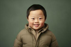 ai generado estudio retrato de linda pequeño chico con abajo síndrome en diferente colores antecedentes foto