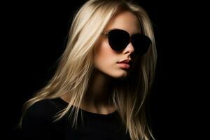 ai generado estudio retrato de hermosa joven rubia mujer en Gafas de sol en diferente color antecedentes foto