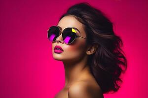Ai generated Studio portrait of a beautiful young brunette woman in sunglasses photo
