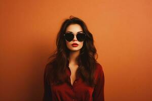 Ai generated Studio portrait of a beautiful young brunette woman in sunglasses photo