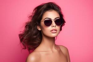 Ai generated Studio portrait of a beautiful young brunette woman in sunglasses photo