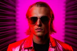 Ai generated Studio portrait of handsome blonde man in sunglasses on different colours background photo