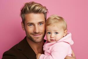 Ai generated studio portrait of handsome man holding infant baby in his hands on different colour background photo