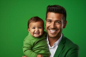 Ai generated studio portrait of handsome man holding infant baby in his hands on different colour background photo