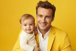 ai generado estudio retrato de hermoso hombre participación infantil bebé en su manos en diferente color antecedentes foto
