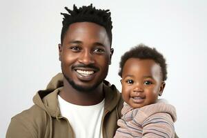 ai generado estudio retrato de hermoso hombre participación infantil bebé en su manos en diferente color antecedentes foto