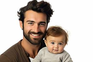 Ai generated studio portrait of handsome man holding infant baby in his hands on different colour background photo