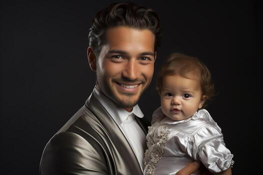 ai generado estudio retrato de hermoso hombre participación infantil bebé en su manos en diferente color antecedentes foto