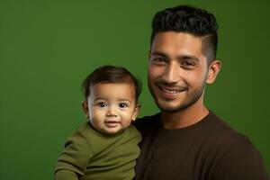 Ai generated studio portrait of handsome man holding infant baby in his hands on different colour background photo