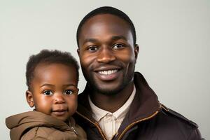 Ai generated studio portrait of handsome man holding infant baby in his hands on different colour background photo