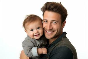 Ai generated studio portrait of handsome man holding infant baby in his hands on different colour background photo