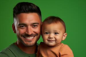 Ai generated studio portrait of handsome man holding infant baby in his hands on different colour background photo