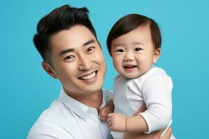 Ai generated studio portrait of handsome man holding infant baby in his hands on different colour background photo