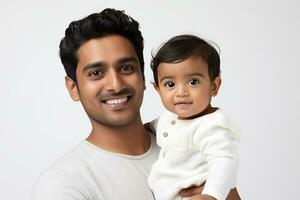 Ai generated studio portrait of handsome man holding infant baby in his hands on different colour background photo