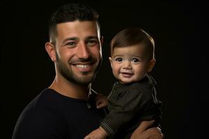 Ai generated studio portrait of handsome man holding infant baby in his hands on different colour background photo