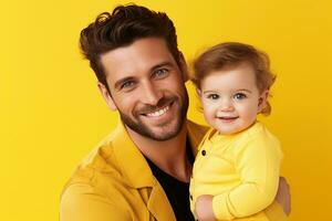 Ai generated studio portrait of handsome man holding infant baby in his hands on different colour background photo