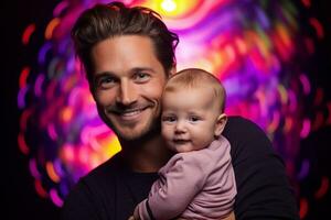 Ai generated studio portrait of handsome man holding infant baby in his hands on different colour background photo