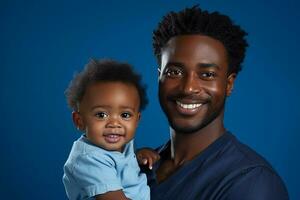 ai generado estudio retrato de hermoso hombre participación infantil bebé en su manos en diferente color antecedentes foto