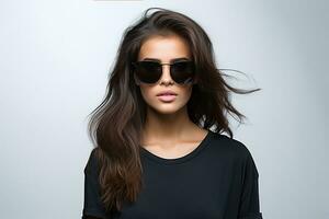 Ai generated Studio portrait of a beautiful young brunette woman in sunglasses photo