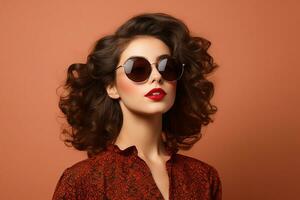 Ai generated Studio portrait of a beautiful young brunette woman in sunglasses photo